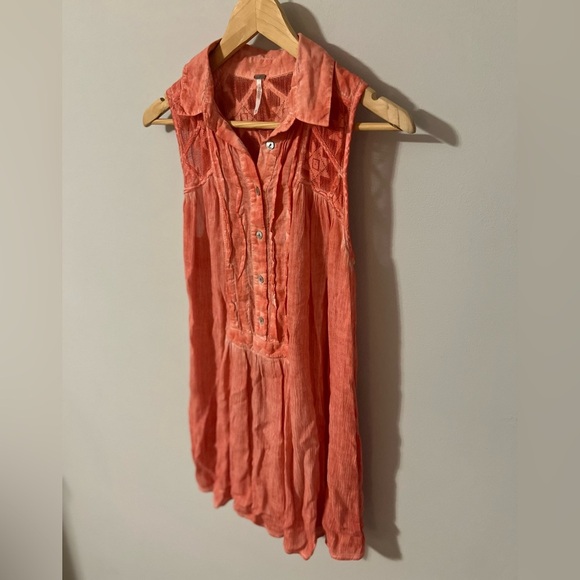 Free People Gauze Acid Wash Tie Dye Tunic Top Coral Boho Size XS Lace Collared - Picture 3 of 7